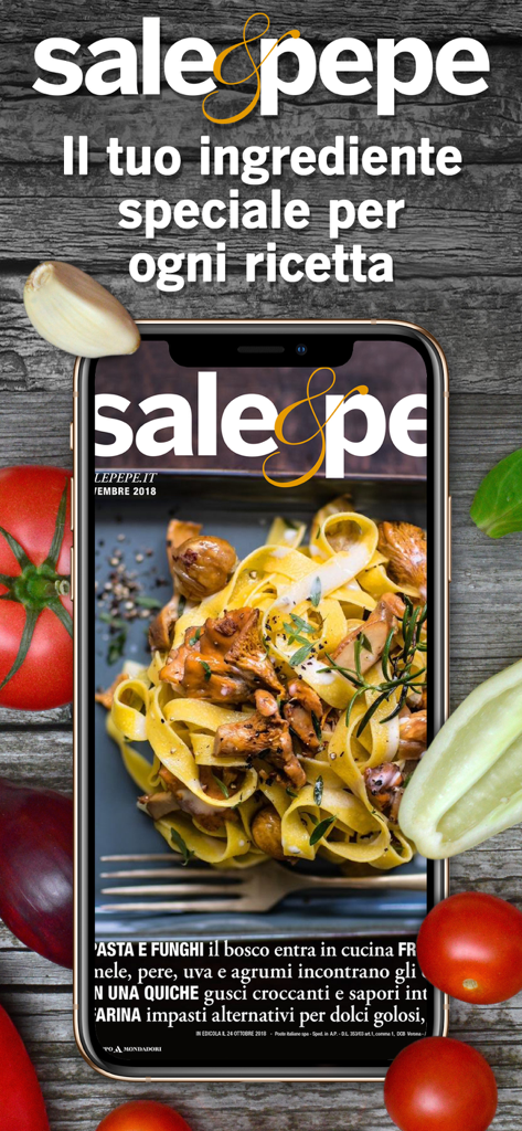 Sale&Pepe - Sale and Pepe mobile app displaying a digital magazine cover with a pasta and mushroom dish and fresh ingredients