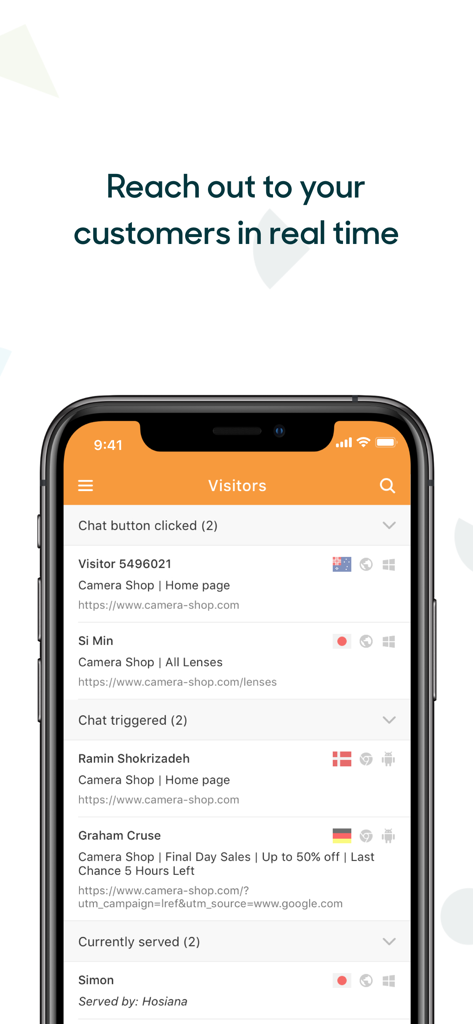 Zendesk Chat - Zendesk Chat app showing real-time website visitors on a mobile screen