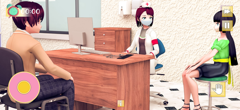 Pregnant Mom & Baby Anime Game - Uma cena em estilo anime mostrando uma mulher em um check-up médico no Jogo de Anime de Mãe Grávida e Bebê.