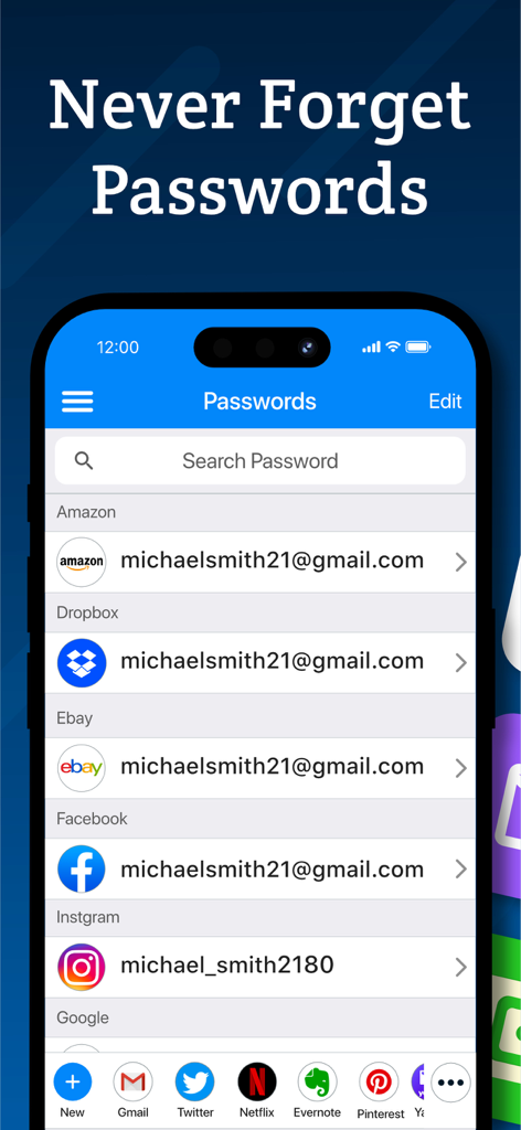 Password Manager - Secure - Interfaccia di Password Manager - Secure che mostra un elenco di password salvate per app come Amazon, Facebook e Instagram su un iPhone