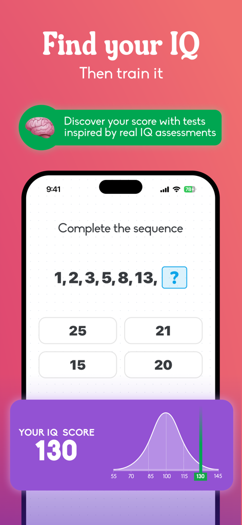 Simbo - IQ & Brain Training - Simbo app interface showing a logic sequence test and an IQ score results graph.