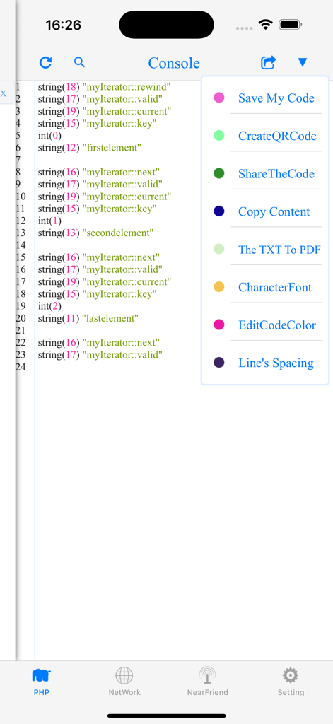 php$ - programming language - Mobile PHP IDE console view displaying code output and a menu with options for saving sharing and customizing code appearance