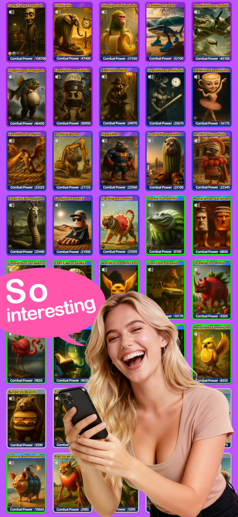 Brainrot Book - Una colección de cartas de personajes surrealistas de la aplicación Brainrot Book mostrada en la pantalla de un móvil.