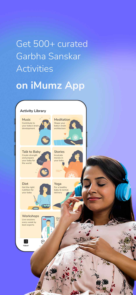 A pregnant woman wearing headphones and smiling while using the iMumz app activity library for prenatal wellness