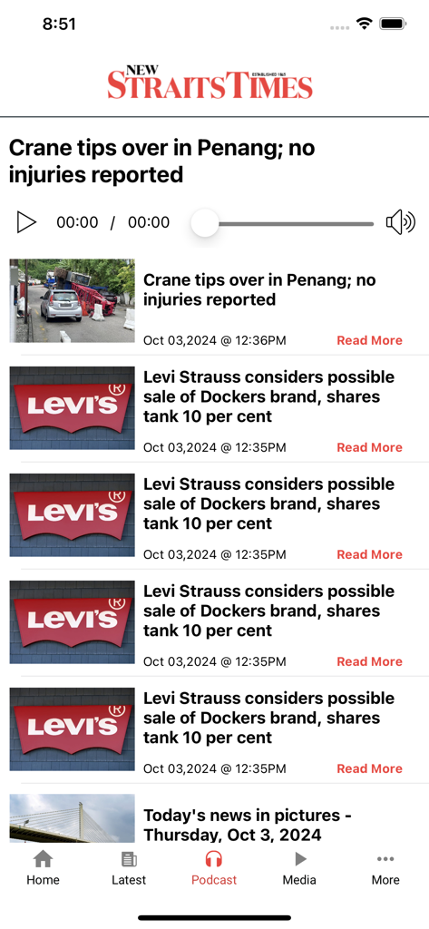 Interface of the New Straits Times app showing news headlines with an audio player in the podcast section