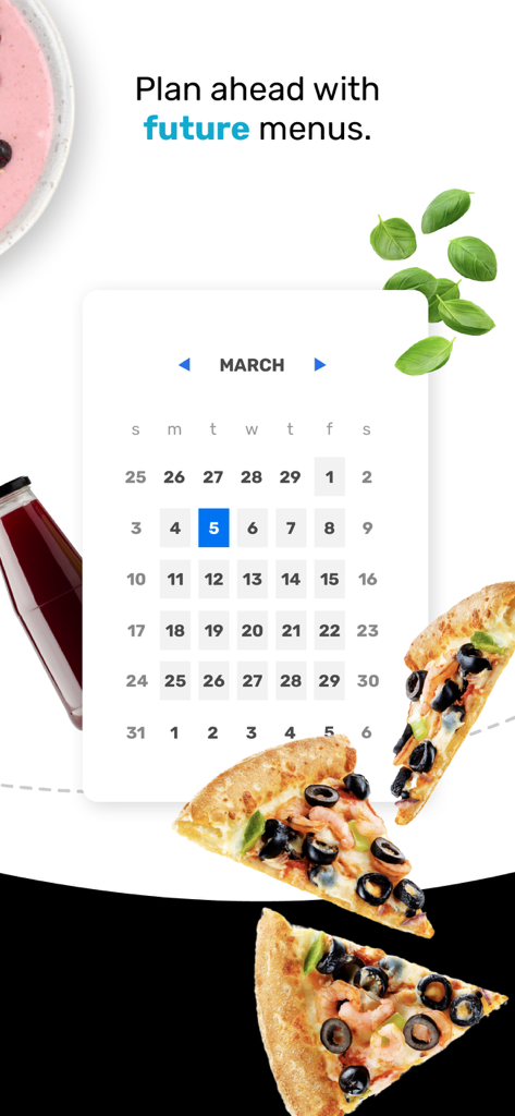 A calendar view in the Nutrislice app for planning future meal menus