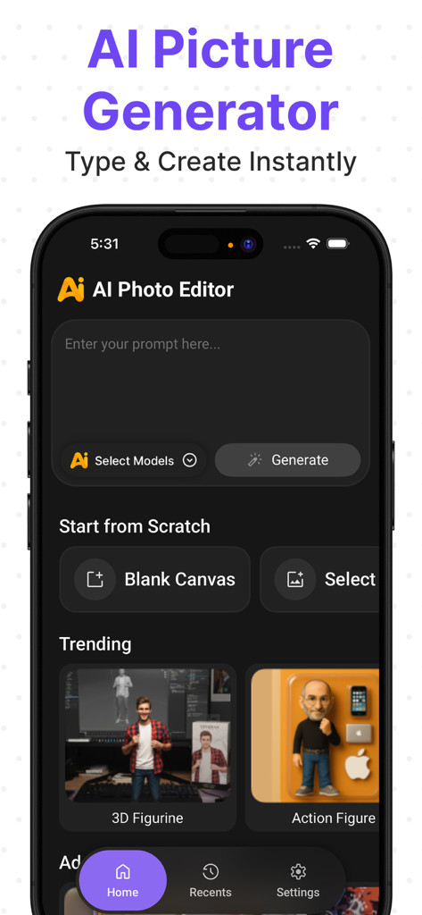 AI Photo Editor & Image Art - The home screen of the Banofi AI Photo Editor app featuring a prompt input field and trending 3D art styles
