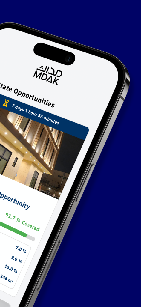 Madak : Fractional Ownership - A smartphone screen displaying the Madak app with a real estate investment opportunity in Saudi Arabia