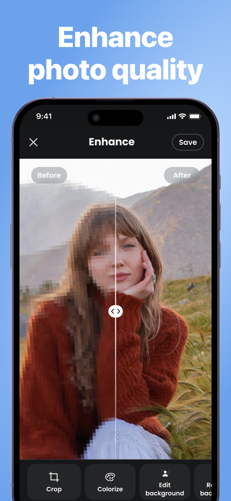 Remaxi: Unblur & Repair Photo - Before and after comparison of a pixelated portrait being restored to high quality using Remaxi AI