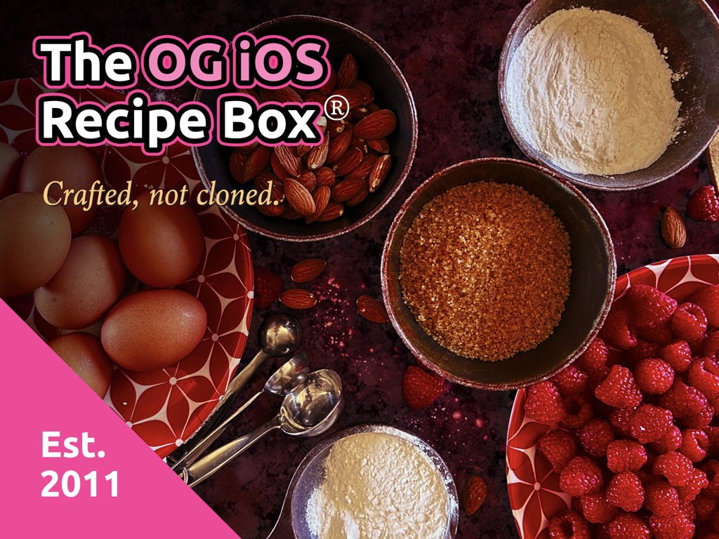 Promotional image for The Recipe Box app featuring baking ingredients and text stating it was established in 2011