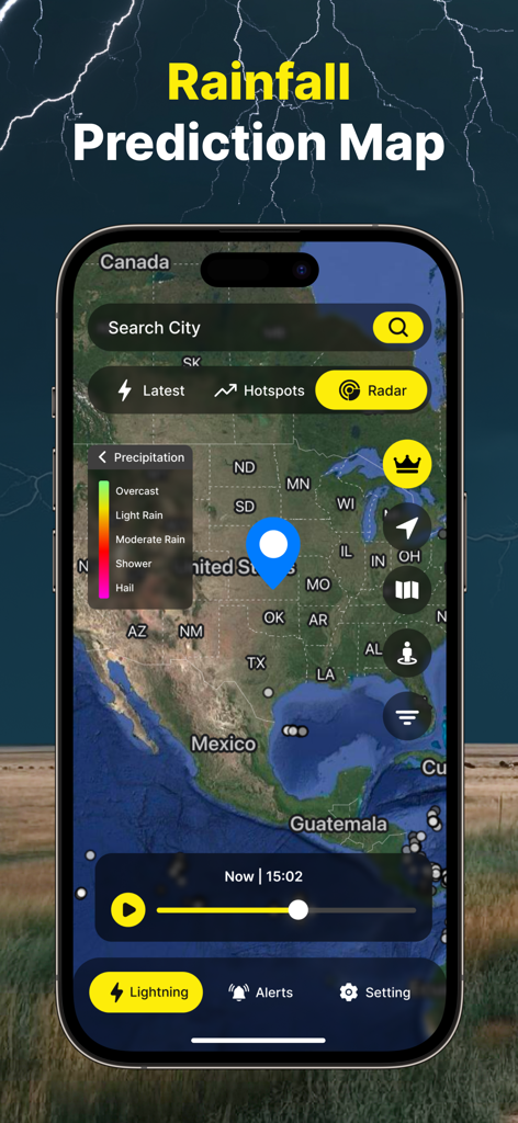 Interface de mapa de previsão de chuva mostrando níveis de precipitação em um mapa de satélite da América do Norte