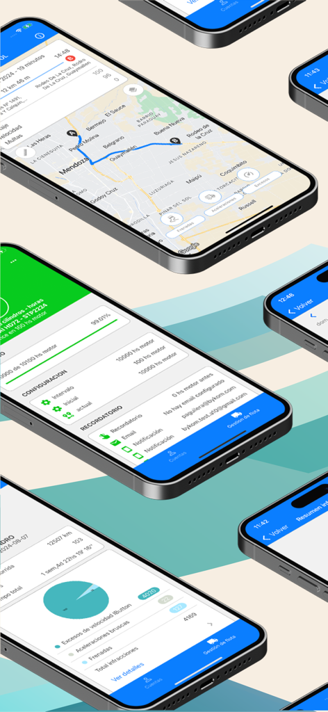 Capturas de pantalla de la aplicación móvil Flota Segura que muestran mapas de rastreo de vehículos y estadísticas de rendimiento del conductor