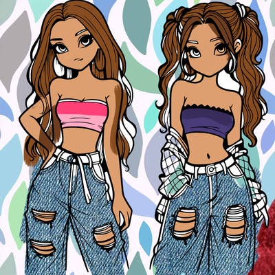 2 girls in crop tops and baggy jeans ripped