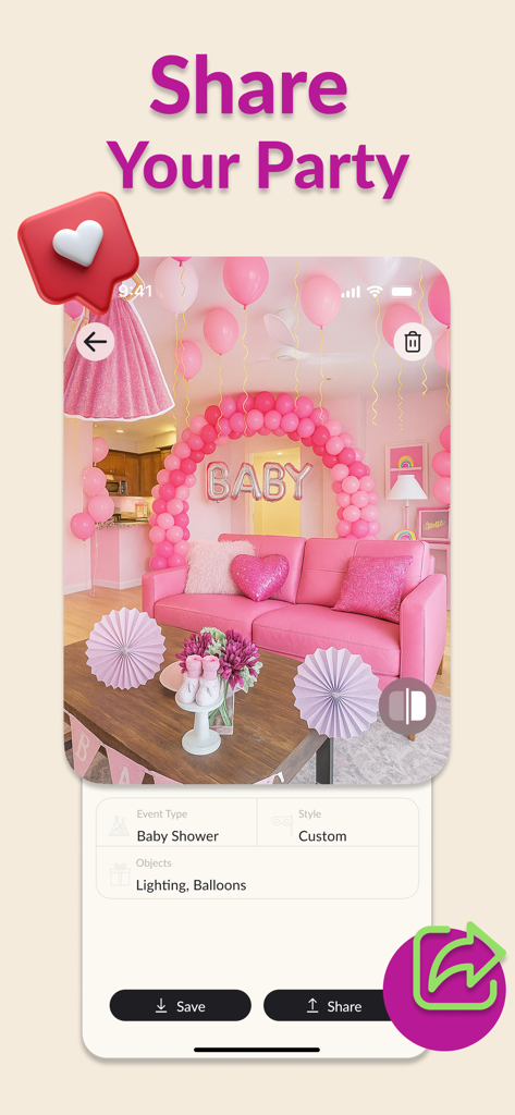 AI Event Designer - Party Plan - Une conception de pièce de baby shower rose générée par IA avec des options de partage et d'enregistrement