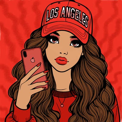 realistic beautiful girl wearing los ángeles cap holding an iphone