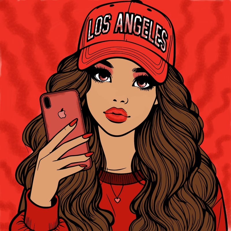 realistic beautiful girl wearing los ángeles cap holding an iphone