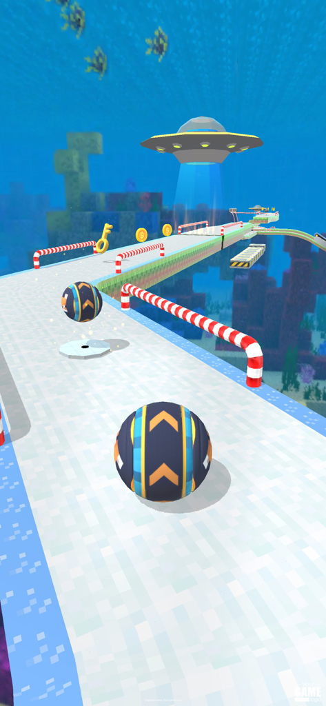 Fly Ball: Sky Parkour - A rolling ball on a parkour track in an underwater craft inspired kingdom with a UFO hovering above.