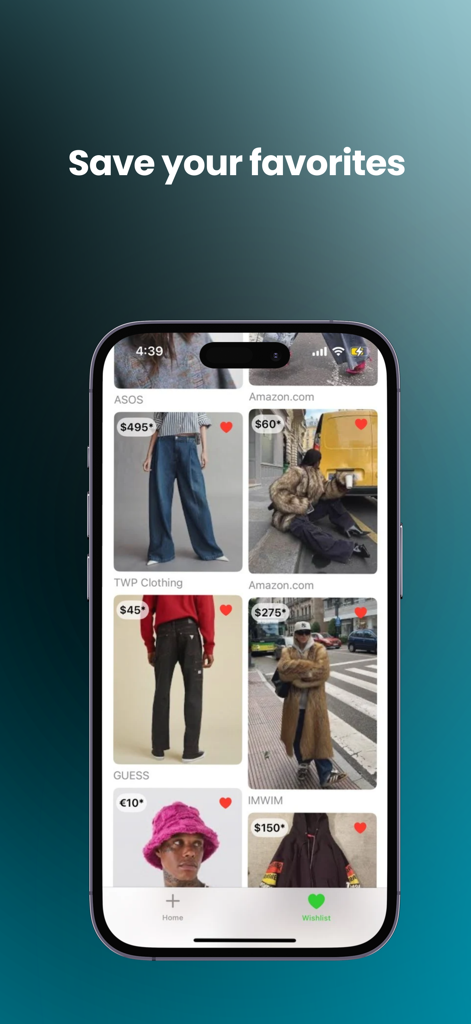 StyleScanner: Find Clothes - Mobile interface of StyleScanner app showing a wishlist of saved fashion items and clothing prices