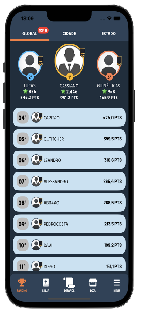 Bíblia Play - Ranking global mostrando os jogadores mais bem classificados no aplicativo Biblia Play.