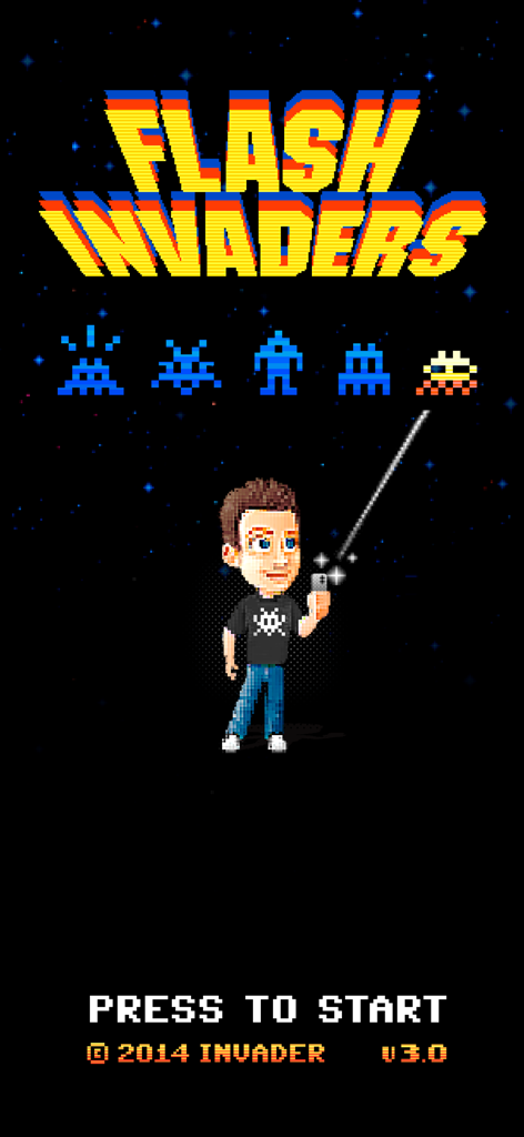 FlashInvaders - Écran de démarrage de l'application FlashInvaders présentant de l'art pixelisé rétro 8-bit, le titre du jeu et un personnage prenant une photo d'une mosaïque sur fond étoilé