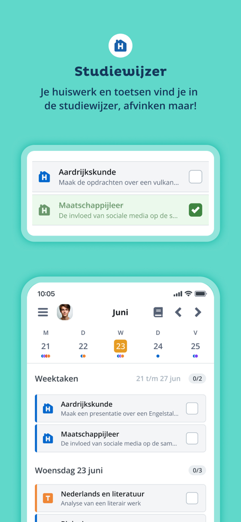 Interface of the Somtoday app showing a student's weekly tasks and homework checklist.