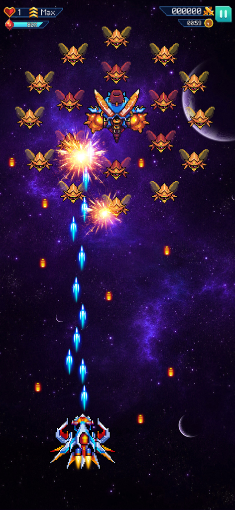 Galaxiga: Classic Arcade Game - A vertical space shooter gameplay screen from Galaxiga featuring a starship firing blue lasers at a formation of alien insect enemies in deep space