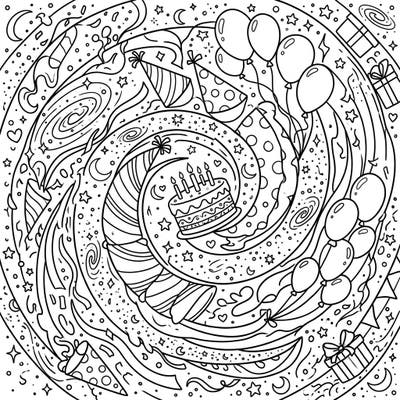 Get ready for an out-of-this-world birthday celebration with this captivating coloring page featuring cosmic spirals and festive party elements. Dive into a universe of creativity, perfect for adding your unique touch to a special day.