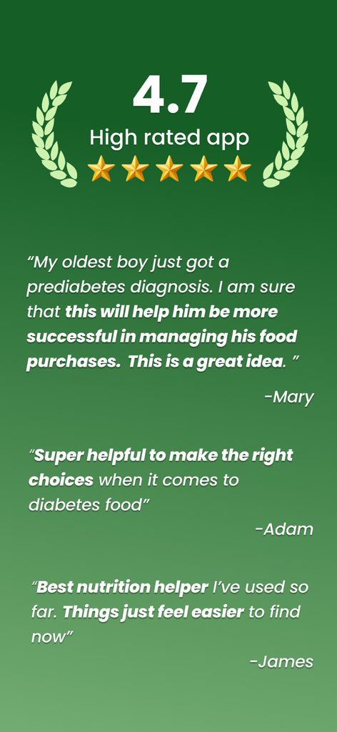 GoCoCo - Diabetes Food Tracker - GoCoCo app screen displaying a 4.7 star rating and testimonials from users about managing diabetes food choices.