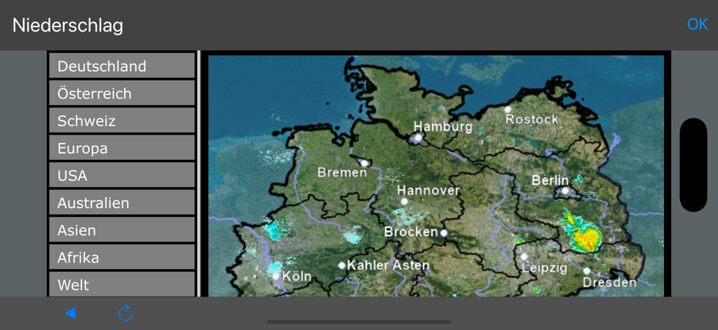 A precipitation radar map of Germany showing weather data in the LCD Weather Display app