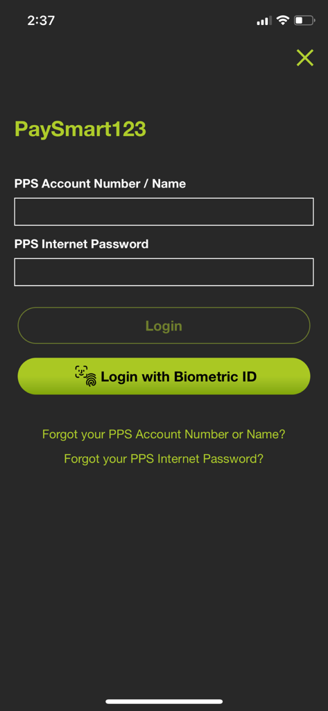繳費靈手機服務 PPS on Mobile - Login screen of the PPS on Mobile app featuring fields for account number and password along with a biometric login button.