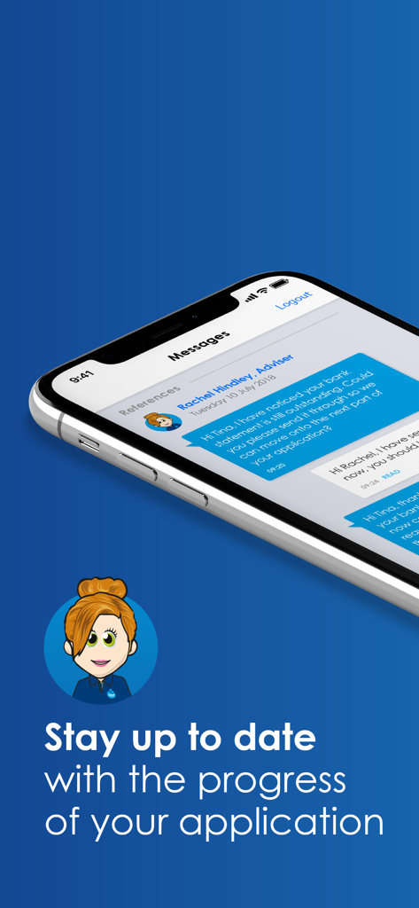 MyFluent - A mobile phone showing the MyFluent app messaging screen with real-time updates from a loan case manager