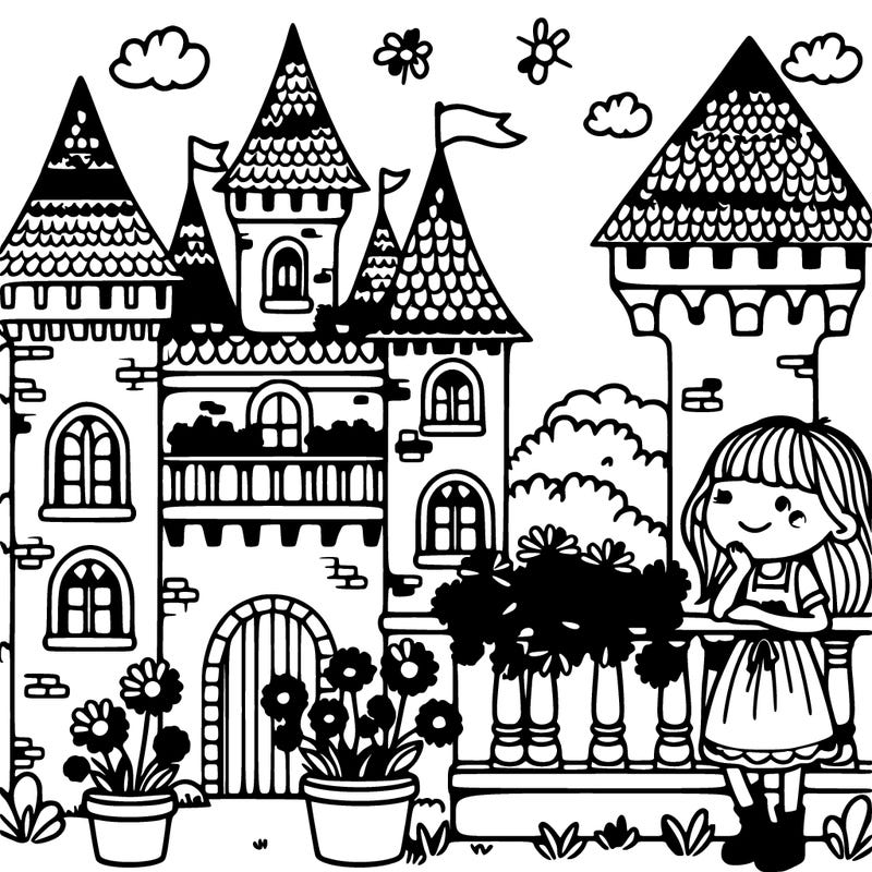 castle and a girl in the balcony with flowers over the house
