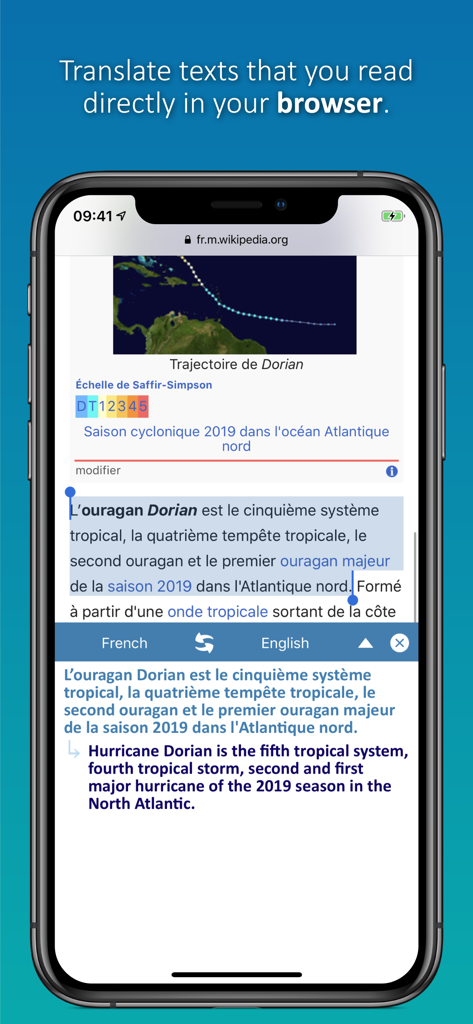 iPhone screenshot showing Reverso app translating French Wikipedia text into English within a mobile browser