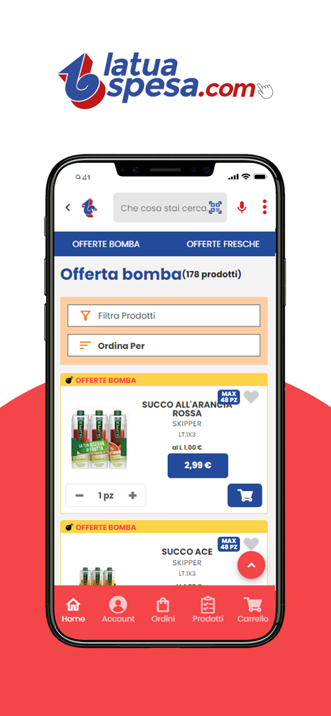 LaTuaSpesa - Benutzeroberfläche der LaTuaSpesa-App mit Sonderangeboten für Saftprodukte mit Preis- und Einkaufswagenoptionen