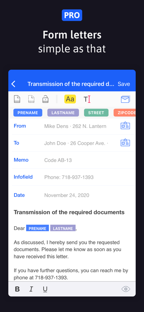 EasyLetter - Send letters - EasyLetter Pro mobile app interface for creating professional form letters with contact placeholders