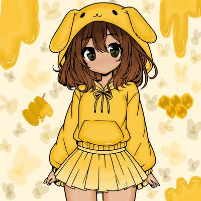 pretty anime girl wearing a fluffy hoodie with bunny ears on the hood and a skirt