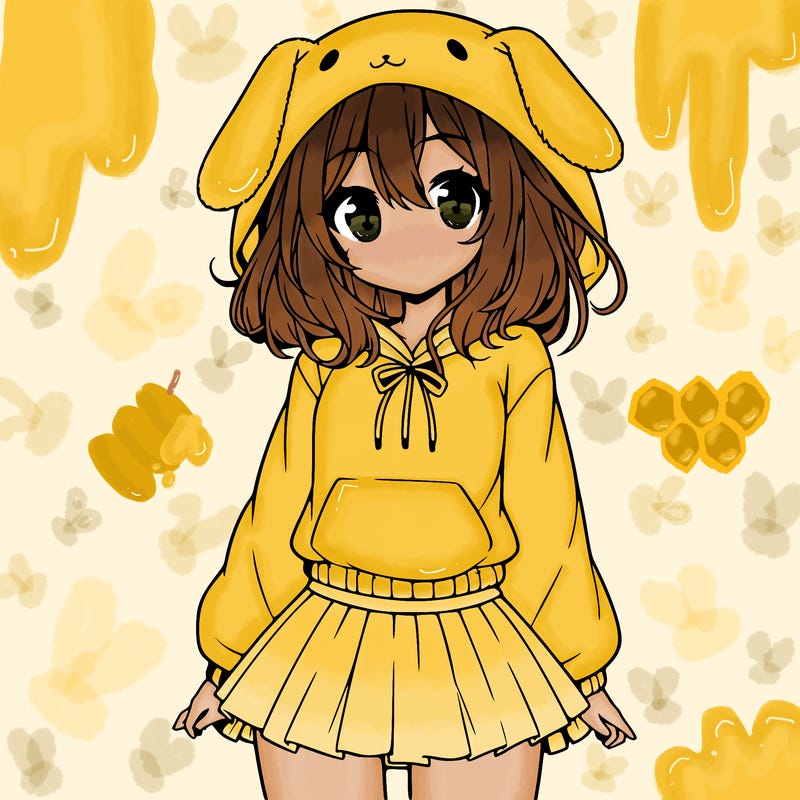 pretty anime girl wearing a fluffy hoodie with bunny ears on the hood and a skirt