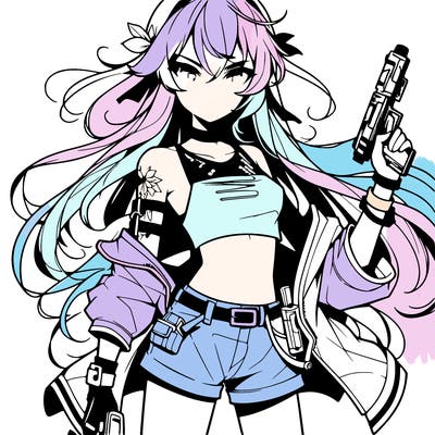 bad girl wearing crop top holding a gun long hair anime