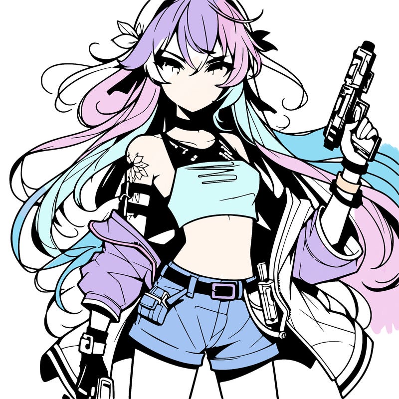 bad girl wearing crop top holding a gun long hair anime