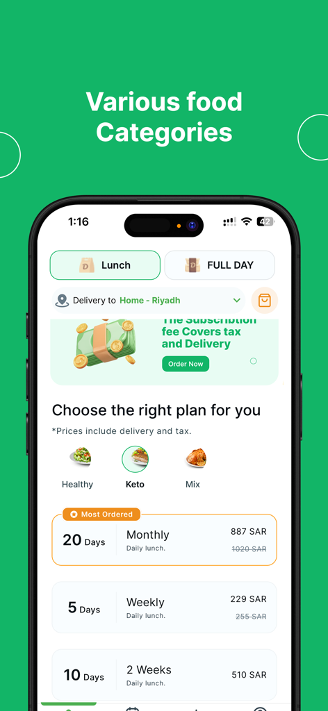 DailyMealz: Food Subscription - DailyMealz app screen displaying lunch and full day subscription plans for healthy and keto meals