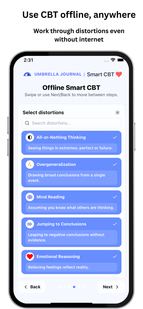 Umbrella Journal : Smart CBT - オフラインCBTセッションの認知の歪みのリストを表示するUmbrella Journalアプリのインターフェース