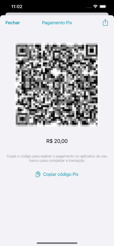 Cardápio USP - Screen showing a QR code for a Pix payment of twenty Reais in the Cardapio USP mobile app