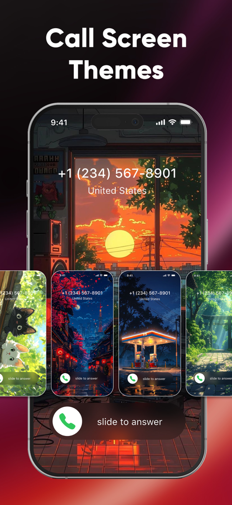 Ringtones Maker & Wallpapers - A showcase of different aesthetic call screen themes for iPhone including sunset and nature backgrounds.