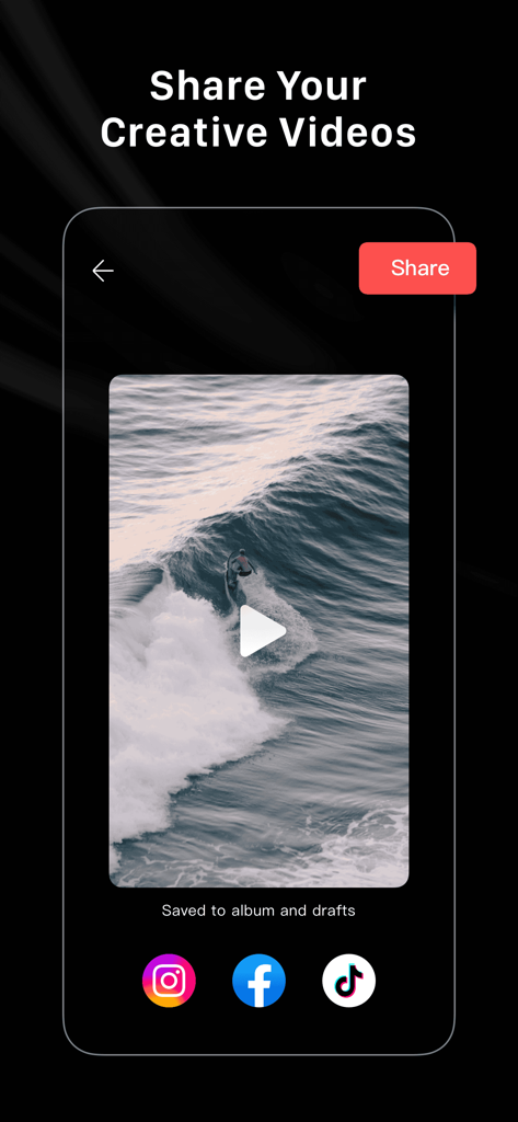 LightCut - AI Video Editor - Interfaccia dell'app LightCut che mostra la schermata di condivisione video con icone per Instagram, Facebook e TikTok