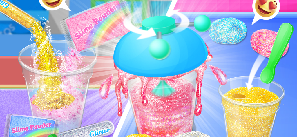 A colorful digital slime factory mixing pink glitter slime with decorative powder and glitter