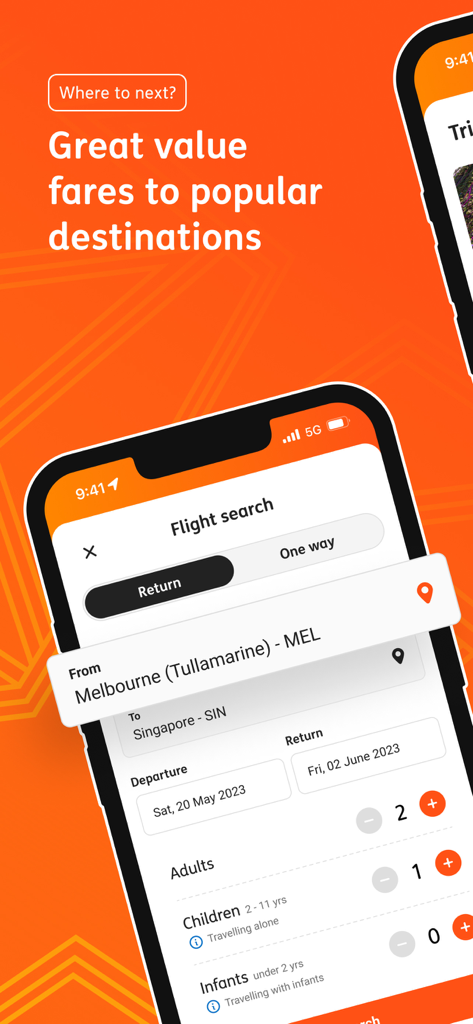 Jetstar - Jetstar mobile app interface for searching and booking budget flights