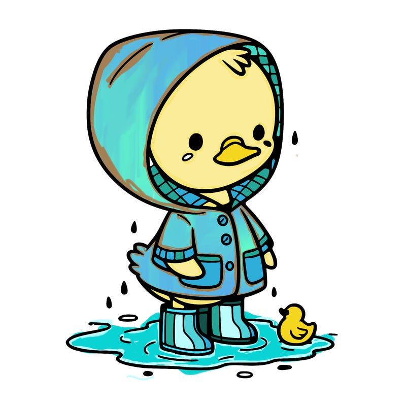 baby duck in a rain coat and boots, in a puddle while it’s raining