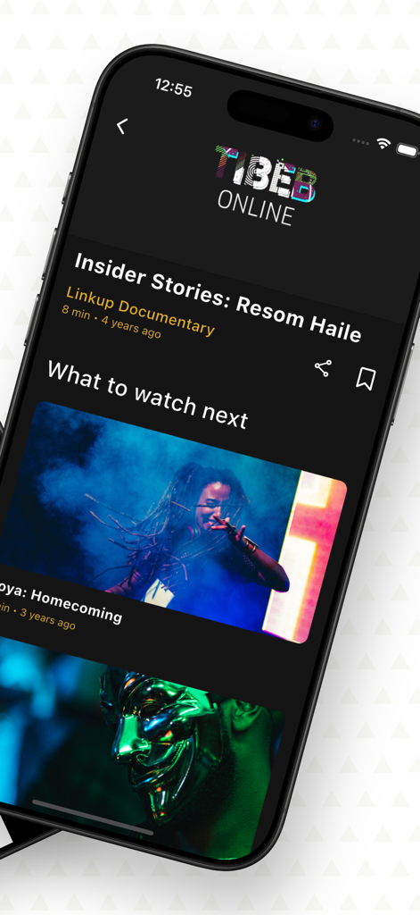 Screenshot of the LinkUp Addis app showing video content from Tibeb Online including insider stories and lifestyle documentaries.