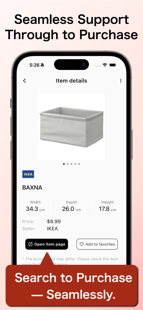 Fitable: Storage Box Finder - IKEAの収納ボックスの商品詳細、寸法、ストアページへのリンクを表示するFitableアプリのスクリーンショット