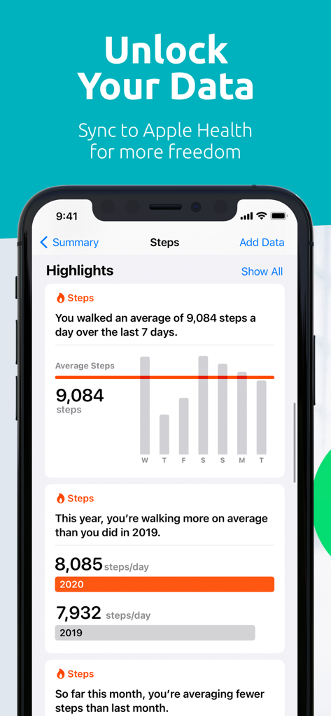 FITIV Sync for Fitbit Activity - Ecrã de iPhone a mostrar dados de contagem de passos e destaques sincronizados do Fitbit para o Apple Health utilizando a aplicação FITIV Sync